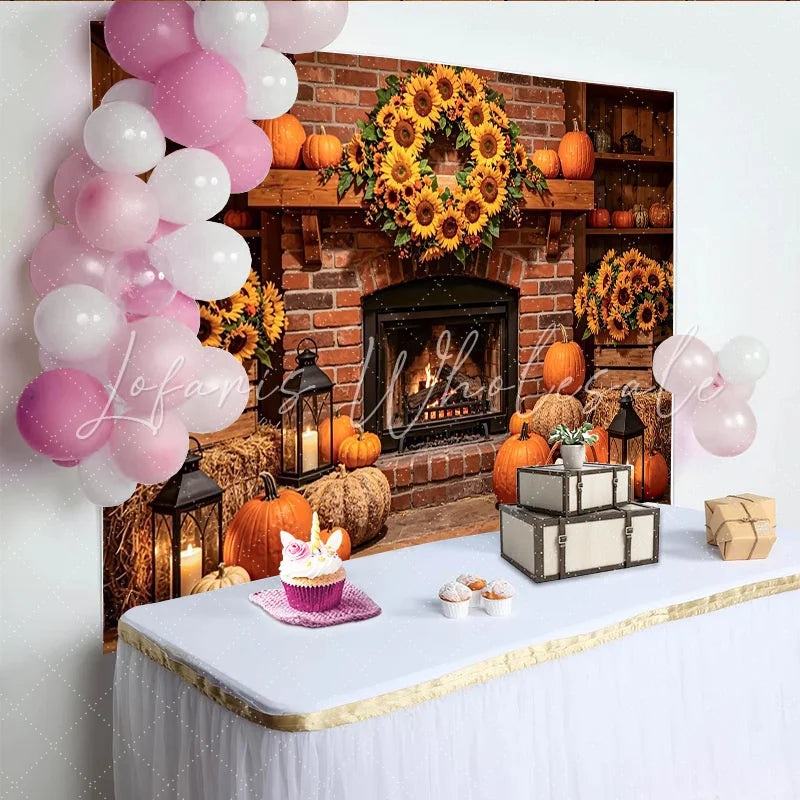 Lofaris Rustic Autumn Thanksgiving Backdrop with Sunflower Wreath and Pumpkins Cozy Fireplace Scene Background for Fall Harvest Party Decor