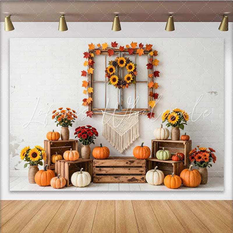 Lofaris Rustic Autumn Thanksgiving Backdrop with White Brick Wall Pumpkins and Sunflower Wreath Cozy Fall Harvest Photography Background