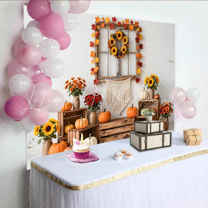 Lofaris Rustic Autumn Thanksgiving Backdrop with White Brick Wall Pumpkins and Sunflower Wreath Cozy Fall Harvest Photography Background