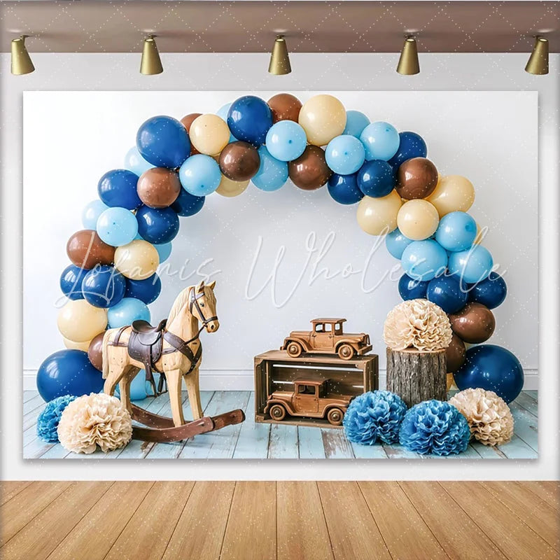 Lofaris Rustic Baby Shower Backdrop with Blue and Brown Balloons Wooden Toys Elegant Photo Background for Newborn or Toddler Party