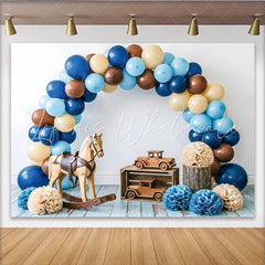 Lofaris Rustic Baby Shower Backdrop with Blue and Brown Balloons Wooden Toys Elegant Photo Background for Newborn or Toddler Party