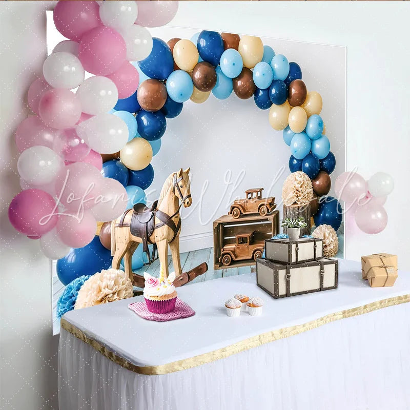 Lofaris Rustic Baby Shower Backdrop with Blue and Brown Balloons Wooden Toys Elegant Photo Background for Newborn or Toddler Party