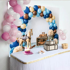 Lofaris Rustic Baby Shower Backdrop with Blue and Brown Balloons Wooden Toys Elegant Photo Background for Newborn or Toddler Party