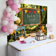 Lofaris Rustic Back to School Backdrop with Chalkboard and Colorful Bunting Forest Photography Background for Autumn Learning Theme.