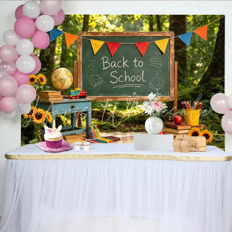 Lofaris Rustic Back to School Backdrop with Chalkboard and Colorful Bunting Forest Photography Background for Autumn Learning Theme.