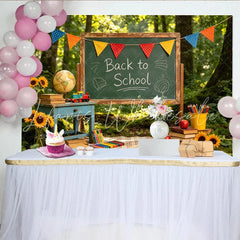 Lofaris Rustic Back to School Backdrop with Chalkboard and Colorful Bunting Forest Photography Background for Autumn Learning Theme.