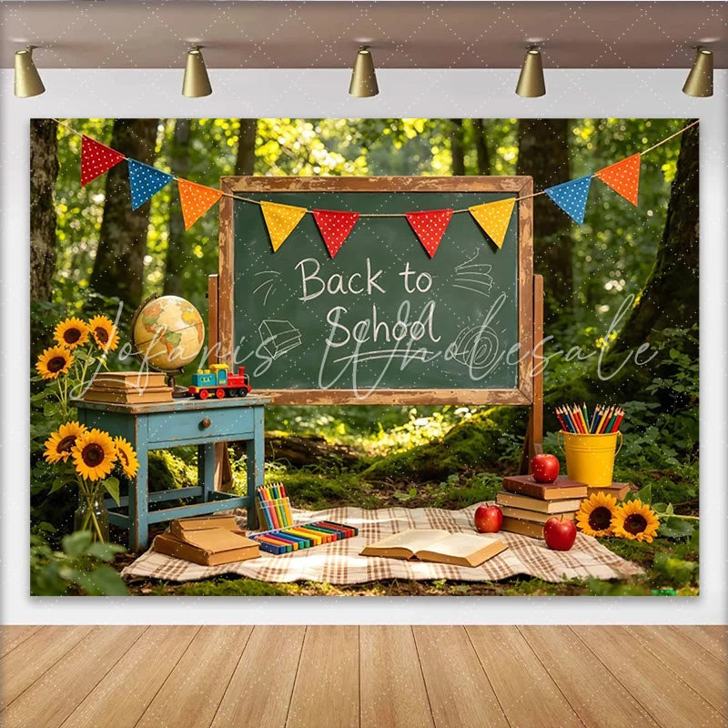 Lofaris Rustic Back to School Backdrop with Chalkboard and Colorful Bunting Forest Photography Background for Autumn Learning Theme.
