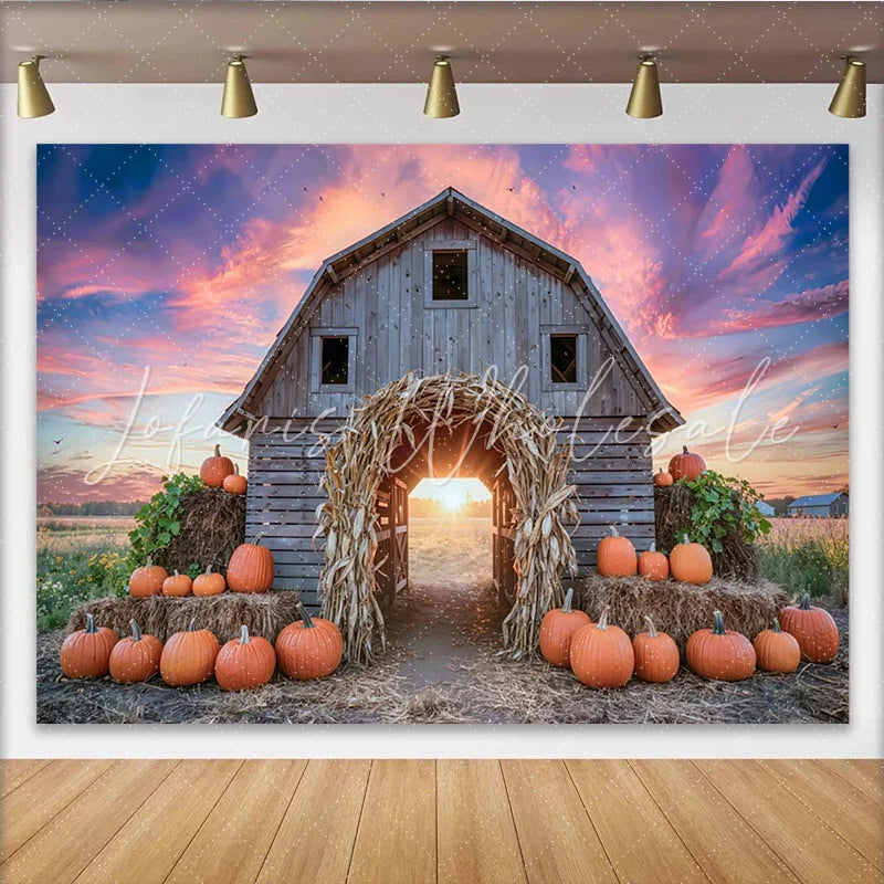 Lofaris Rustic Barn Autumn Harvest Backdrop with Pumpkins and Corn Arch Vibrant Sunset Sky Photography Background for Fall Decor