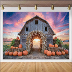 Lofaris Rustic Barn Autumn Harvest Backdrop with Pumpkins and Corn Arch Vibrant Sunset Sky Photography Background for Fall Decor