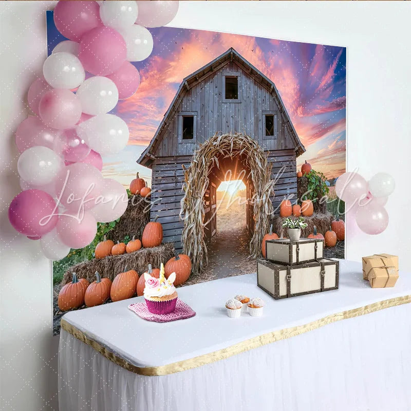 Lofaris Rustic Barn Autumn Harvest Backdrop with Pumpkins and Corn Arch Vibrant Sunset Sky Photography Background for Fall Decor