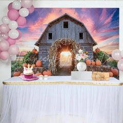 Lofaris Rustic Barn Autumn Harvest Backdrop with Pumpkins and Corn Arch Vibrant Sunset Sky Photography Background for Fall Decor