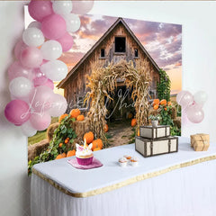 Lofaris Rustic Barn Autumn Harvest Backdrop with Pumpkins and Corn Stalks Beautiful Farmhouse Photography Background for Fall Party Decor