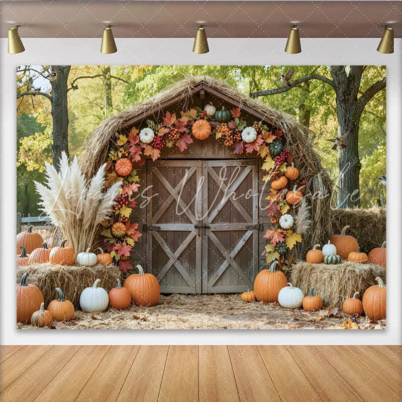 Lofaris Rustic Barn Autumn Harvest Backdrop with Pumpkins and Fall Leaves Cozy Farmhouse Photography Background for Seasonal Photoshoot