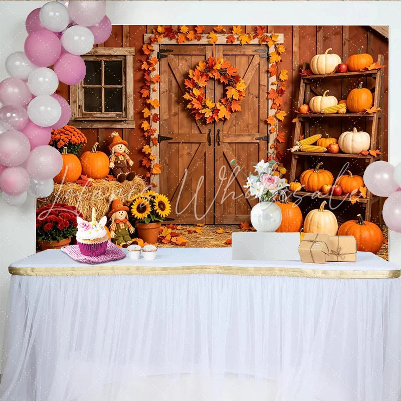 Lofaris Rustic Barn Autumn Photography Backdrop with Pumpkins and Fall Leaves Harvest Festival Background for Studio Photoshoot