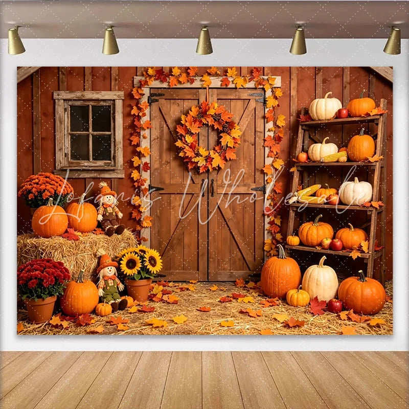 Lofaris Rustic Barn Autumn Photography Backdrop with Pumpkins and Fall Leaves Harvest Festival Background for Studio Photoshoot
