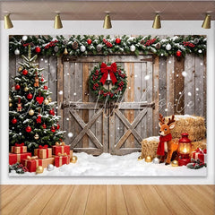 Lofaris Rustic Barn Christmas Photography Backdrop with Snow and Decor Cozy Winter Holiday Background for Family Photoshoot and Party