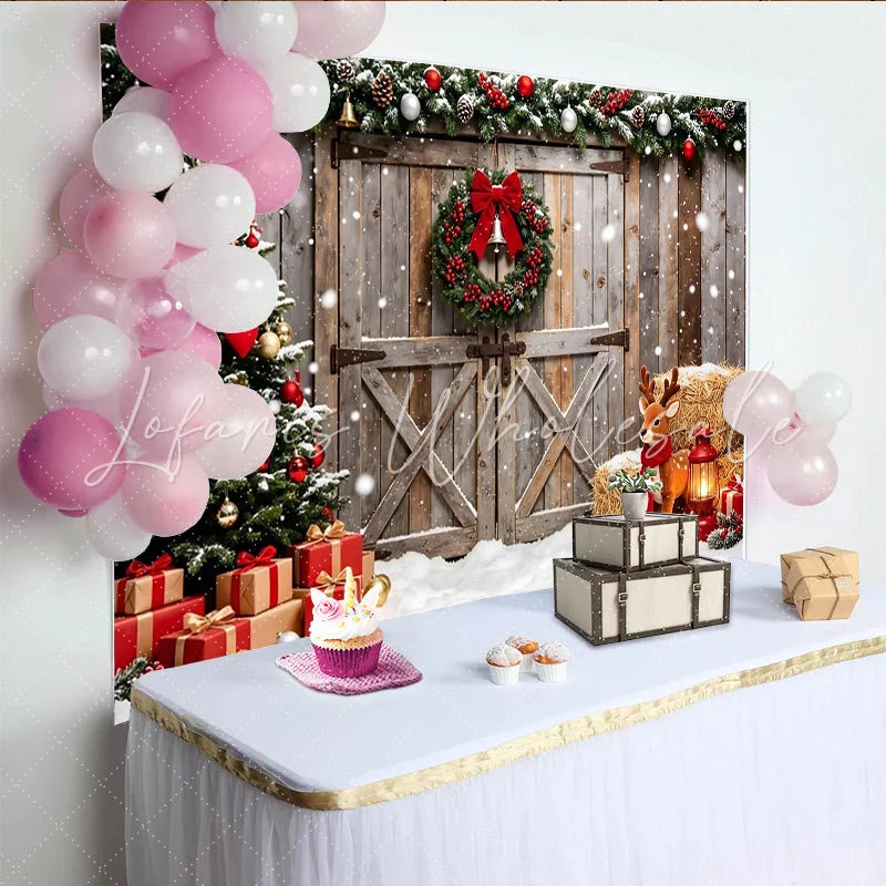 Lofaris Rustic Barn Christmas Photography Backdrop with Snow and Decor Cozy Winter Holiday Background for Family Photoshoot and Party