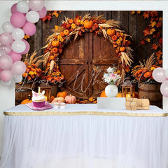 Lofaris Rustic Barn Door Autumn Harvest Holiday Backdrop with Pumpkins and Fall Leaves Warm Fall Festival Thanksgiving Decor