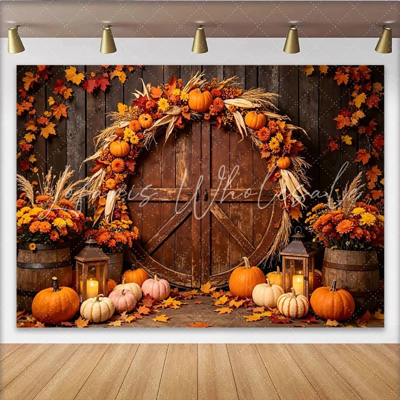 Lofaris Rustic Barn Door Autumn Harvest Holiday Backdrop with Pumpkins and Fall Leaves Warm Fall Festival Thanksgiving Decor