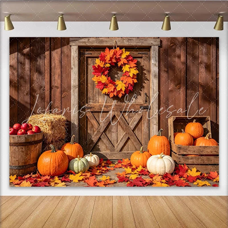 Lofaris Rustic Barn Door Autumn Harvest Holiday Backdrop with Pumpkins Vibrant Fall Leaves Wreath Background for Thanksgiving Party Decor