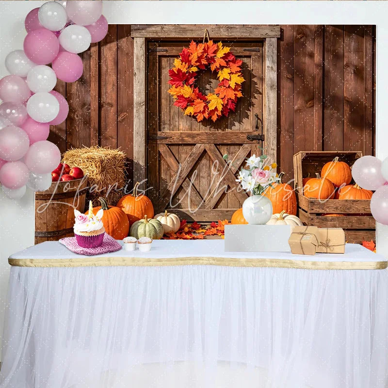 Lofaris Rustic Barn Door Autumn Harvest Holiday Backdrop with Pumpkins Vibrant Fall Leaves Wreath Background for Thanksgiving Party Decor