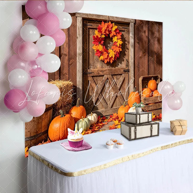 Lofaris Rustic Barn Door Autumn Harvest Holiday Backdrop with Pumpkins Vibrant Fall Leaves Wreath Background for Thanksgiving Party Decor