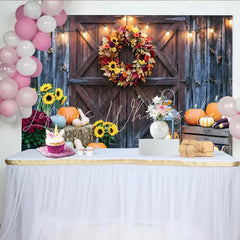 Lofaris Rustic Barn Door Autumn Photography Backdrop with Fall Wreath and Pumpkins String Lights Studio Background for Seasonal Portraits
