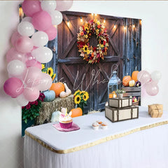 Lofaris Rustic Barn Door Autumn Photography Backdrop with Fall Wreath and Pumpkins String Lights Studio Background for Seasonal Portraits