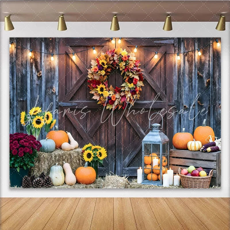 Lofaris Rustic Barn Door Autumn Photography Backdrop with Fall Wreath and Pumpkins String Lights Studio Background for Seasonal Portraits