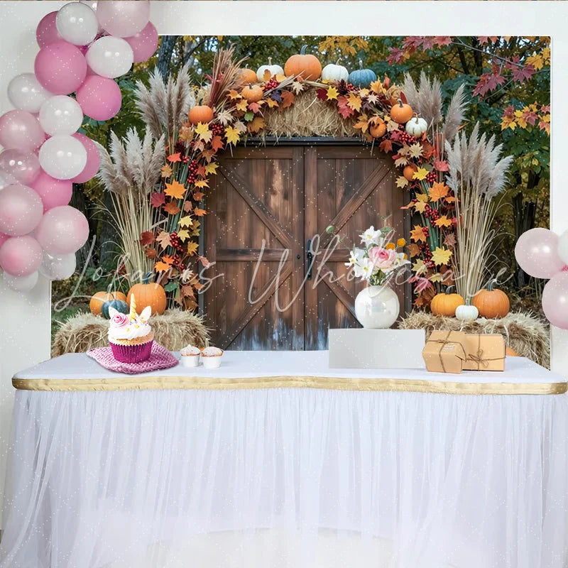 Lofaris Rustic Barn Door Autumn Photography Backdrop with Pumpkins and Hay Bales Fall Harvest Studio Background for Portrait