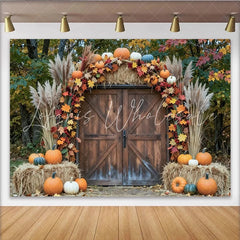 Lofaris Rustic Barn Door Autumn Photography Backdrop with Pumpkins and Hay Bales Fall Harvest Studio Background for Portrait