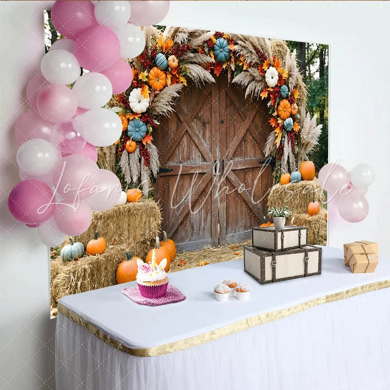 Lofaris Rustic Barn Door Autumn Photography Backdrop with Pumpkins Pampas Grass and Hay Bales Fall Seasonal Photo Background