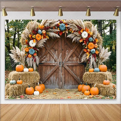 Lofaris Rustic Barn Door Autumn Photography Backdrop with Pumpkins Pampas Grass and Hay Bales Fall Seasonal Photo Background