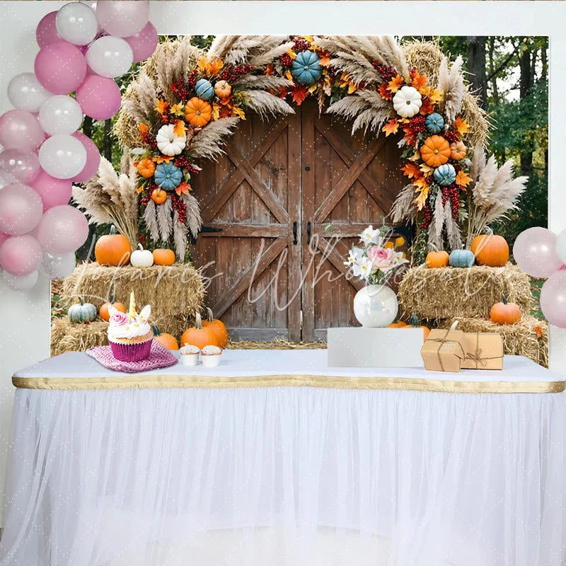 Lofaris Rustic Barn Door Autumn Photography Backdrop with Pumpkins Pampas Grass and Hay Bales Fall Seasonal Photo Background