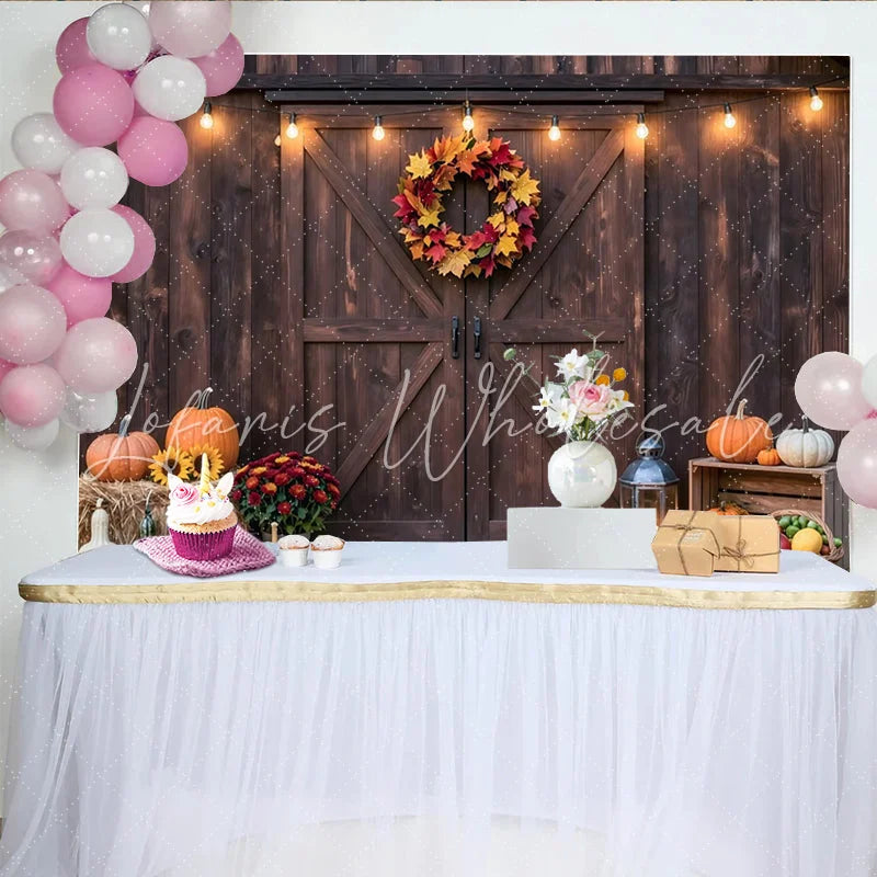 Lofaris Rustic Barn Door Autumn Thanksgiving Backdrop with Pumpkins Cozy Farmhouse Photography Background for Seasonal Decor
