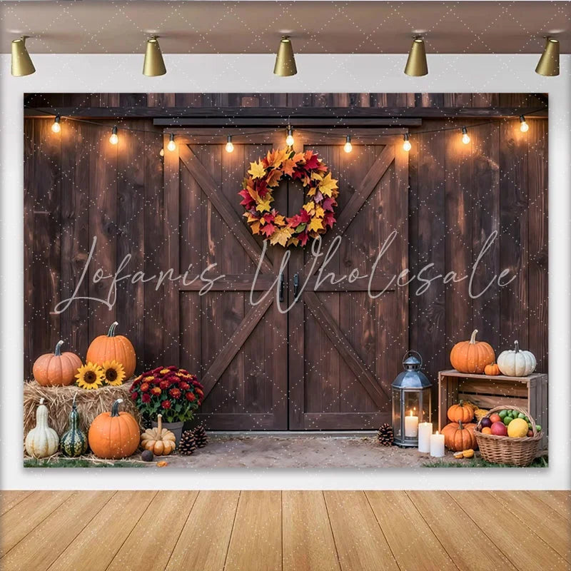 Lofaris Rustic Barn Door Autumn Thanksgiving Backdrop with Pumpkins Cozy Farmhouse Photography Background for Seasonal Decor