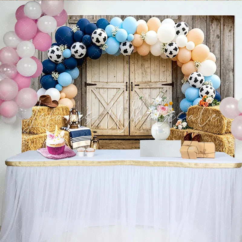 Lofaris Rustic Barn Door Cowboy Baby Shower Backdrop with Blue and Peach Balloons Western Farm Photo Background for Boy Party Decor