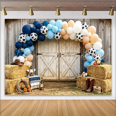 Lofaris Rustic Barn Door Cowboy Baby Shower Backdrop with Blue and Peach Balloons Western Farm Photo Background for Boy Party Decor
