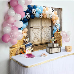 Lofaris Rustic Barn Door Cowboy Baby Shower Backdrop with Blue and Peach Balloons Western Farm Photo Background for Boy Party Decor