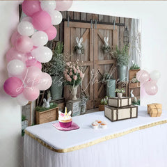 Lofaris Rustic Barn Door Easter Backdrop with Bunnies and Eggs Spring Floral Photography Background for Farmhouse Party Decor