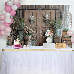 Lofaris Rustic Barn Door Easter Backdrop with Bunnies and Eggs Spring Floral Photography Background for Farmhouse Party Decor