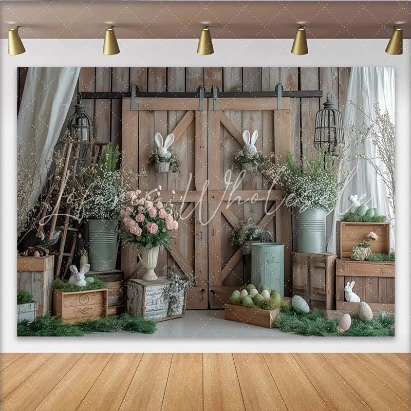 Lofaris Rustic Barn Door Easter Backdrop with Bunnies and Eggs Spring Floral Photography Background for Farmhouse Party Decor