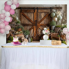 Lofaris Rustic Barn Door Easter Backdrop with Cute Bunnies and Pastel Eggs Spring Holiday Photography Background for Party Decor