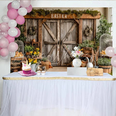 Lofaris Rustic Barn Door Easter Backdrop with Moss Yellow Flowers and Bunny Spring Holiday Photography Background for Studio