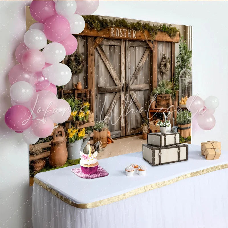 Lofaris Rustic Barn Door Easter Backdrop with Moss Yellow Flowers and Bunny Spring Holiday Photography Background for Studio