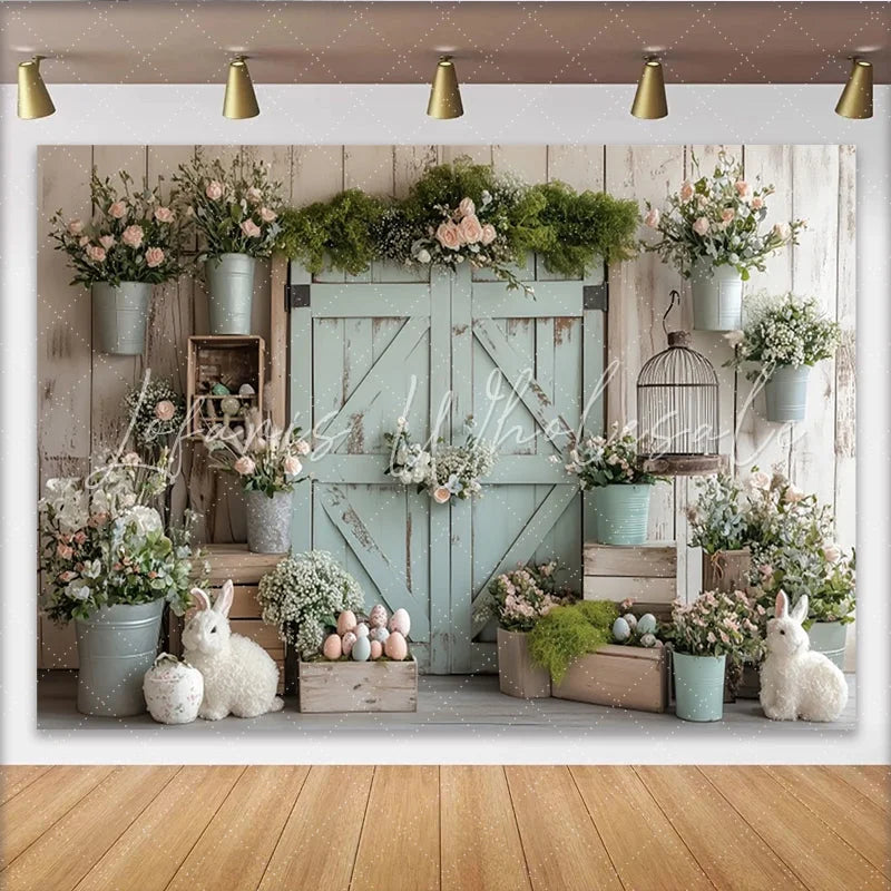 Lofaris Rustic Barn Door Easter Backdrop with Pastel Flowers and Bunnies Spring Holiday Background for Photoshoot
