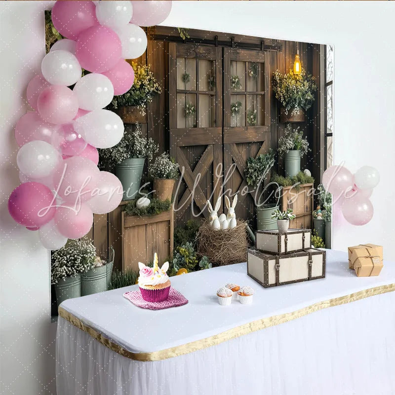 Lofaris Rustic Barn Door Easter Photography Backdrop with Bunnies and Eggs Spring Holiday Background for Festive Photoshoots and Decor