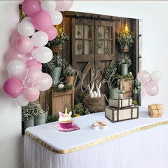 Lofaris Rustic Barn Door Easter Photography Backdrop with Bunnies and Eggs Spring Holiday Background for Festive Photoshoots and Decor