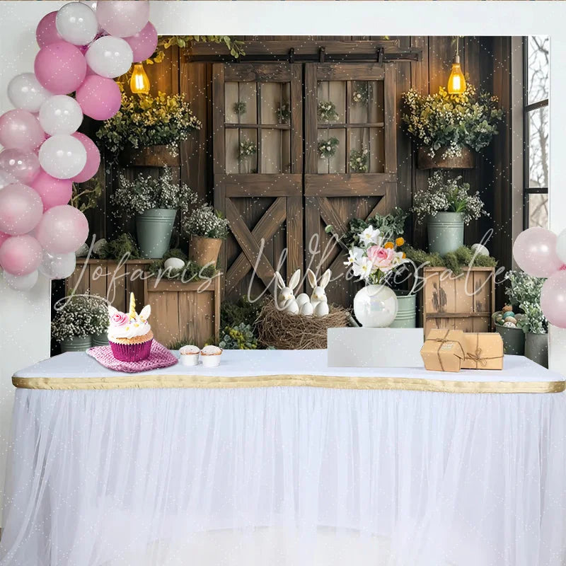 Lofaris Rustic Barn Door Easter Photography Backdrop with Bunnies and Eggs Spring Holiday Background for Festive Photoshoots and Decor