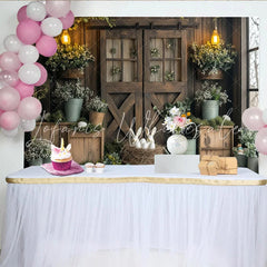Lofaris Rustic Barn Door Easter Photography Backdrop with Bunnies and Eggs Spring Holiday Background for Festive Photoshoots and Decor